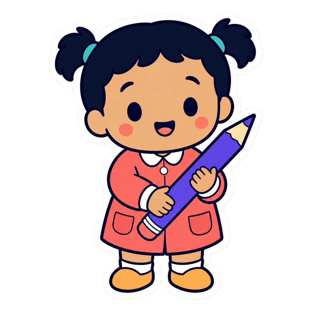 Petite élève de maternelle en blouse corail tenant un gros crayon