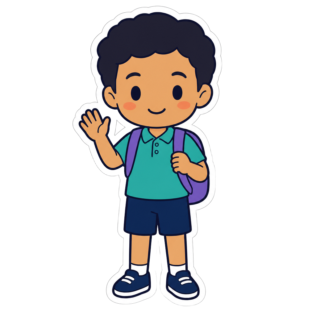 Élève de primaire avec son cartable, la main levée